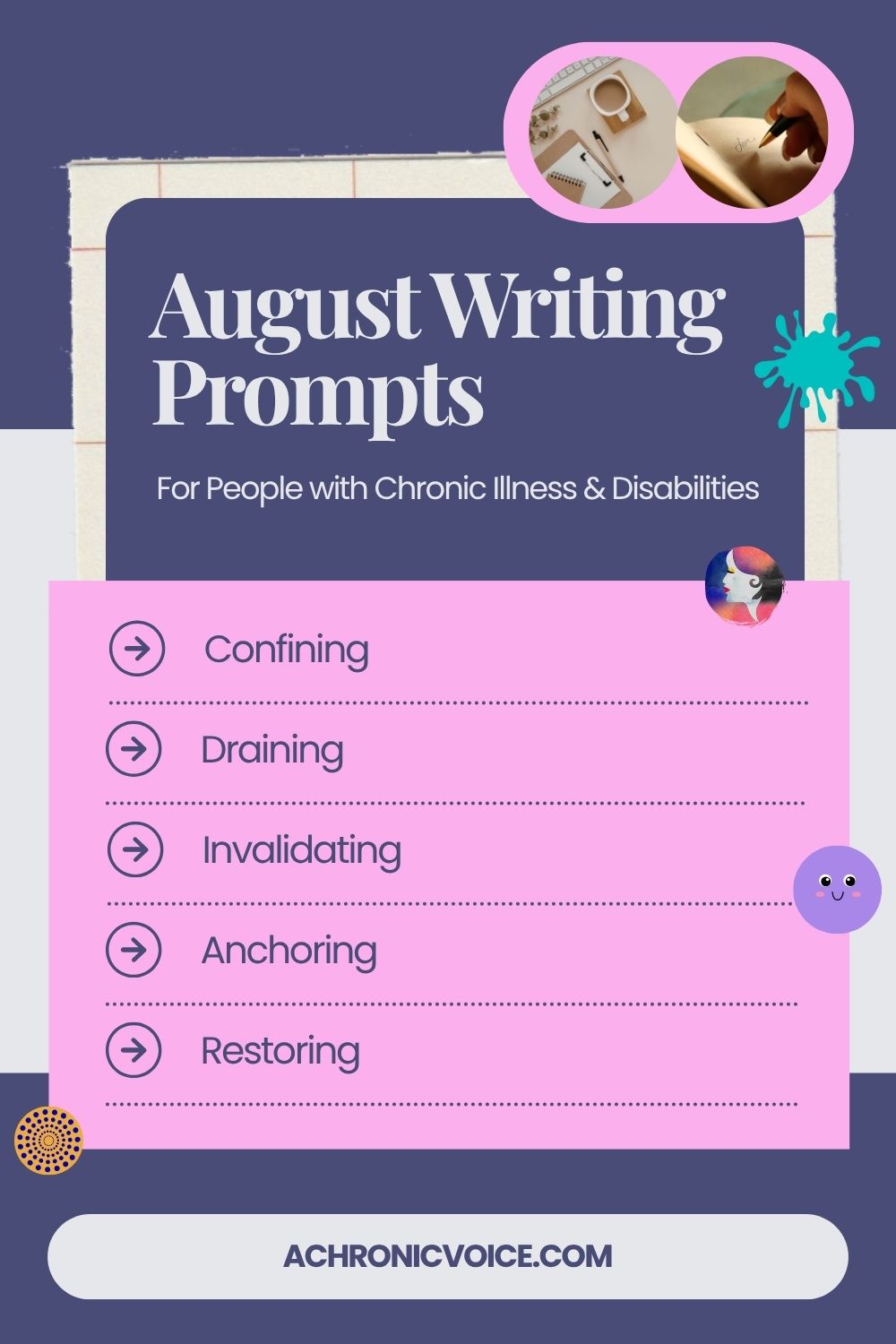 August Writing Prompts For People with Chronic Illness and Disabilities — Confining, Draining, Delaying, Convincing, and Restoring. Participate at: A Chronic Voice .com