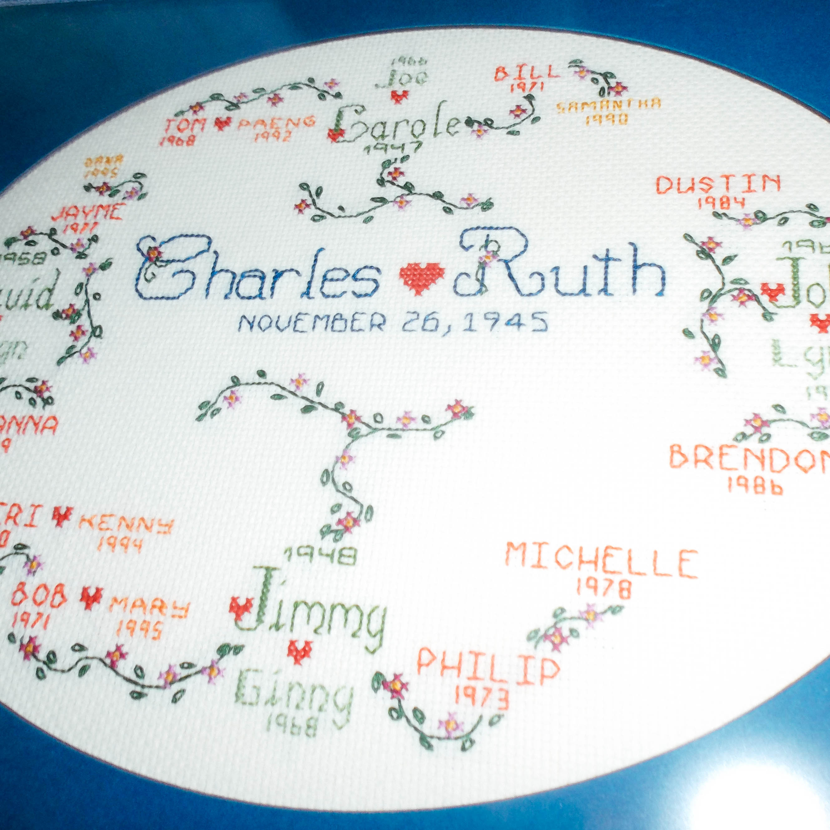 Embroidery designed and made by Carole Griffitts for her parents’ 50th anniversary.