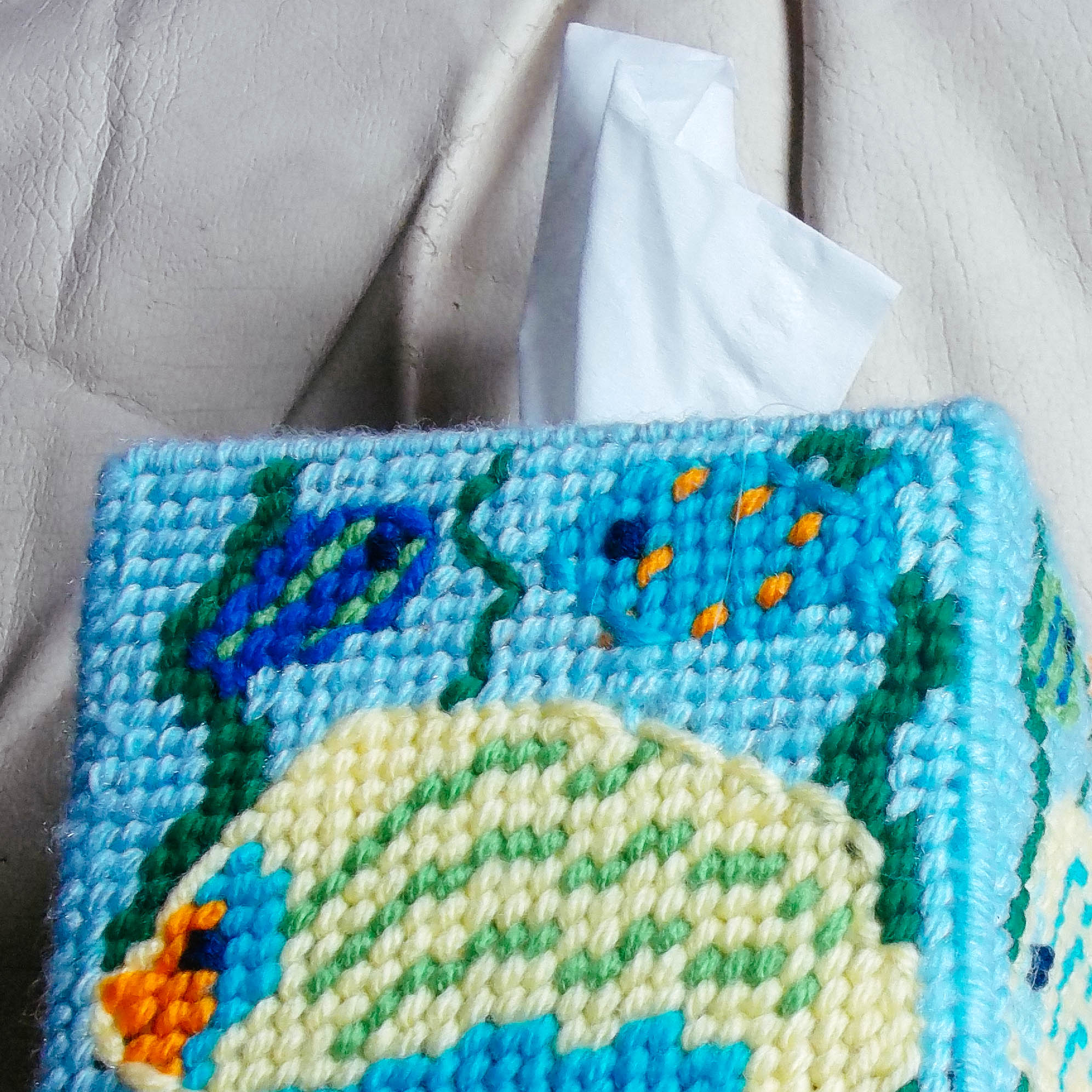 Plastic canvas tissue holder designed and made by Carole Griffitts.