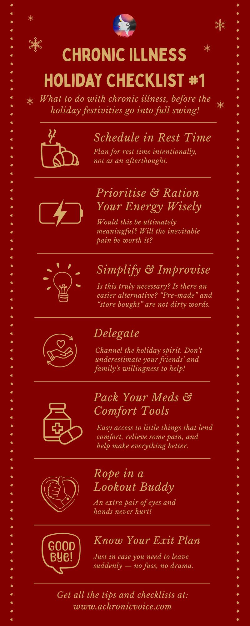 Chronic Illness Holiday Checklist #1 Infographic — What to do with chronic illness, before the holiday festivities go into full swing!