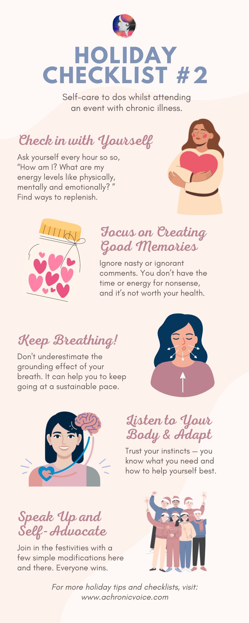 Holiday Checklist #2 Infographic — Self-care to dos whilst attending an event with chronic illness.