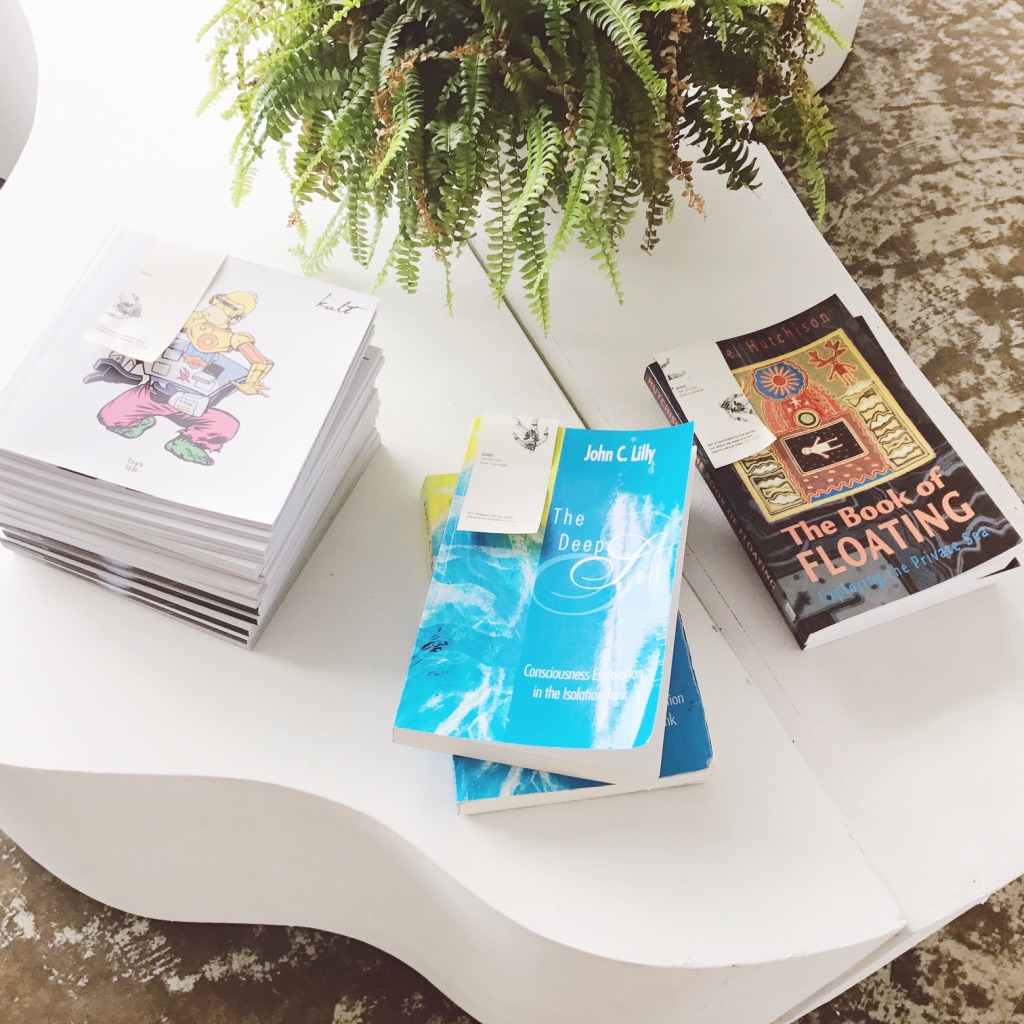 Books on floatation therapy at Palm Avenue Float Club, Singapore