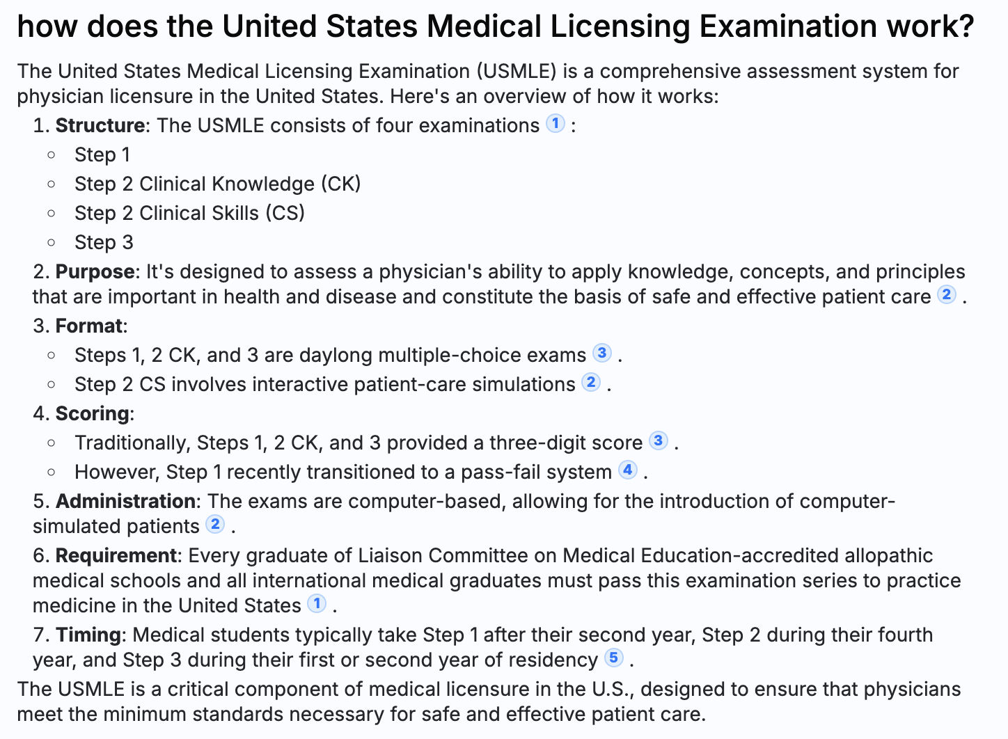 MediSearch Pro answer - How does the United States Medical Licensing Examination work?