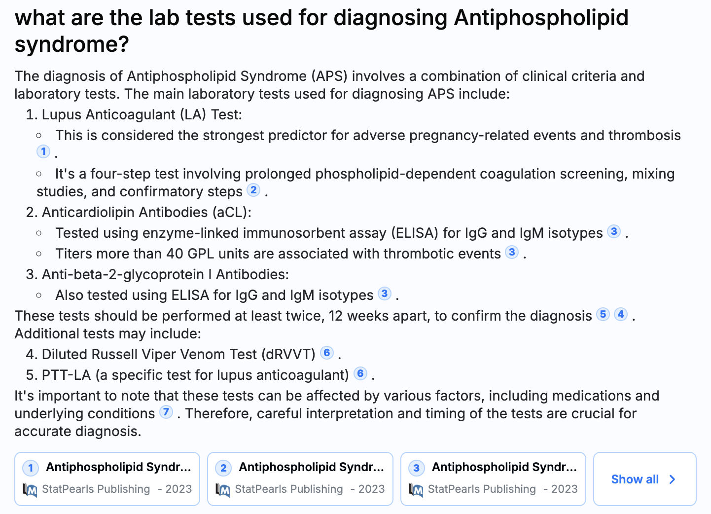 MediSearch Pro answers - What are the lab tests used for diagnosing Antiphospholipid syndrome?
