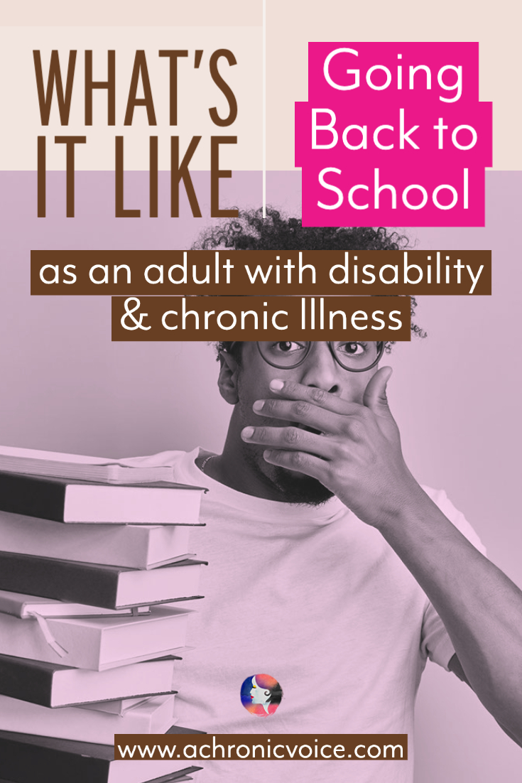 What’s It Like Going Back to School as an Adult with Disability and Chronic Illness [Image: Black boy with curly hair covering his mouth in a gasp and carrying a stack of books.]